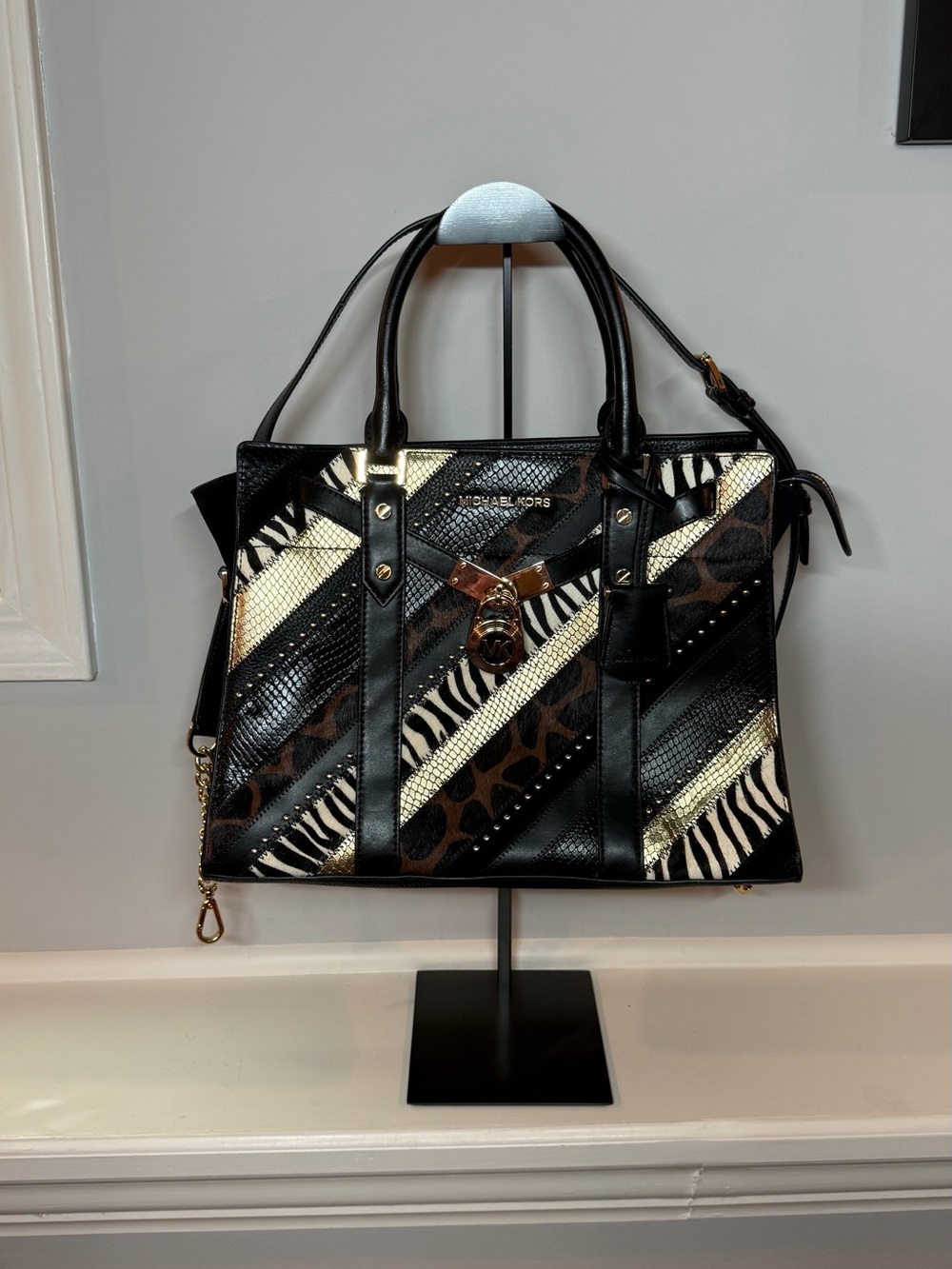 Michael Kors Nouveau Hamilton Large Leather Satchel Black Multi/Gold